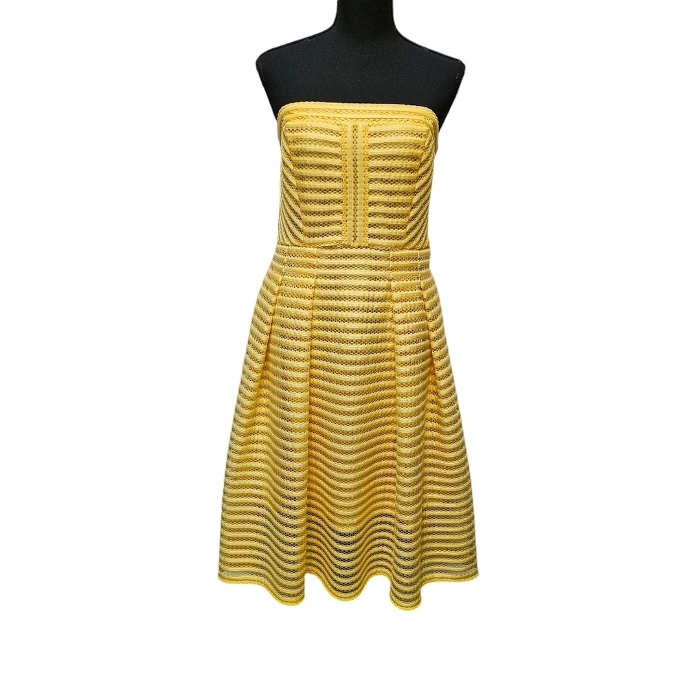 New York & Company Bright Yellow Lace Midi Fit & Flare Strapless Dress Sz 6